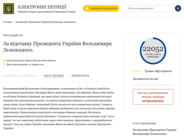 Петиция за отставку Владимира Зеленского рекордными темпами набирает голоса