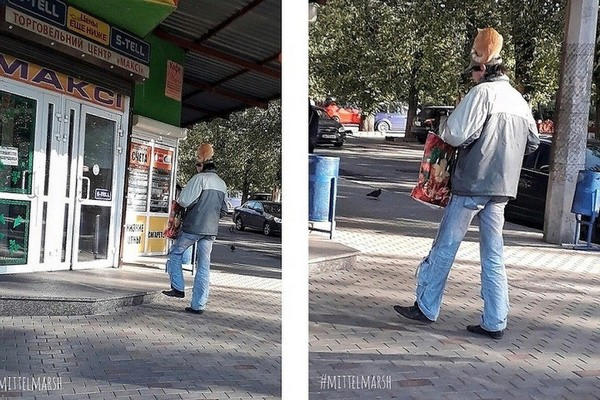 По улицам Донецка разгуливает мужчина с кошкой на голове